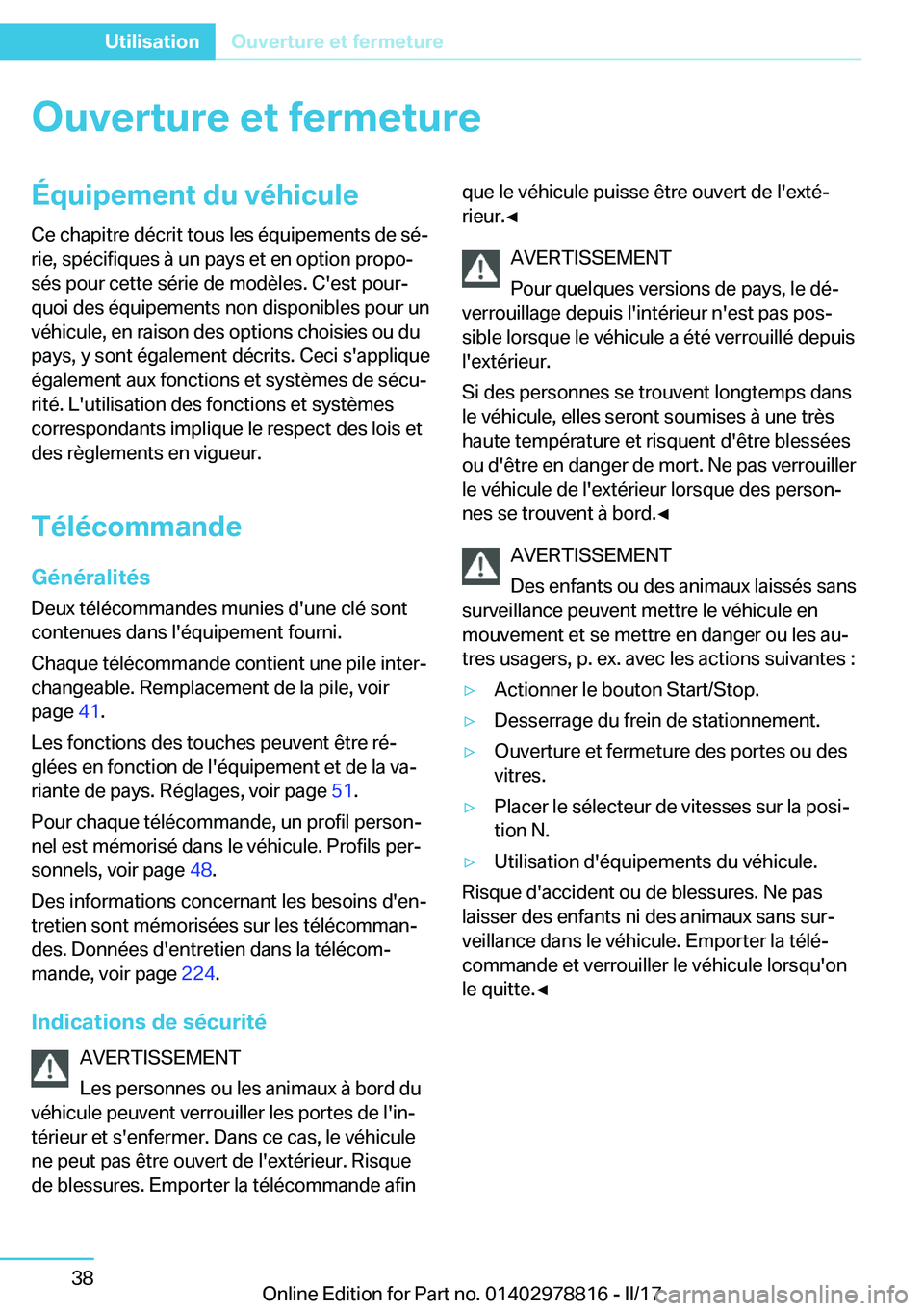 BMW I3 2017  Notices Demploi (in French) �O�u�v�e�r�t�u�r�e��e�t��f�e�r�m�e�t�u�r�e�