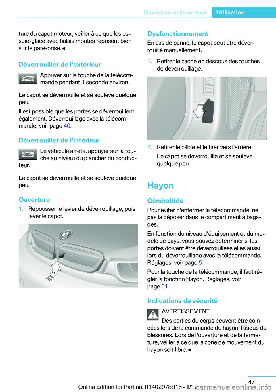 BMW I3 2017  Notices Demploi (in French) �t�u�r�e� �d�u� �c�a�p�o�t� �m�o�t�e�u�r�,� �v�e�i�l�l�e�r� �