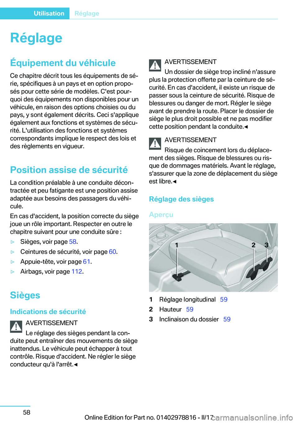 BMW I3 2017  Notices Demploi (in French) �R�é�g�l�a�g�e�