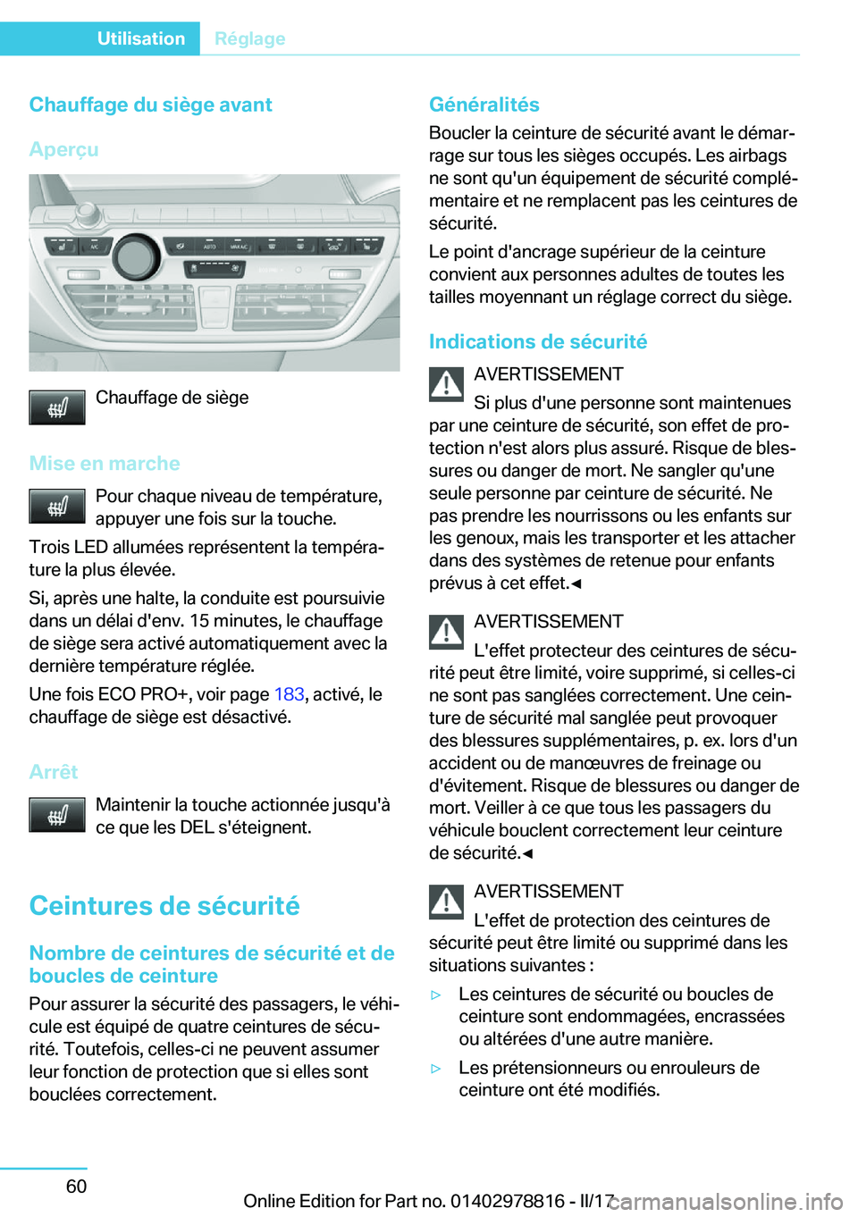 BMW I3 2017  Notices Demploi (in French) �C�h�a�u�f�f�a�g�e��d�u��s�i�è�g�e��a�v�a�n�t
�A�p�e�r�ç�u
�C�h�a�u�f�f�a�g�e� �d�e� �s�i�è�g�e
�M�i�s�e��e�n��m�a�r�c�h�e �P�o�u�r� �c�h�a�q�u�e� �n�i�v�e�a�u� �d�e� �t�e�m�p�é�r�a�t�u�r�e�,