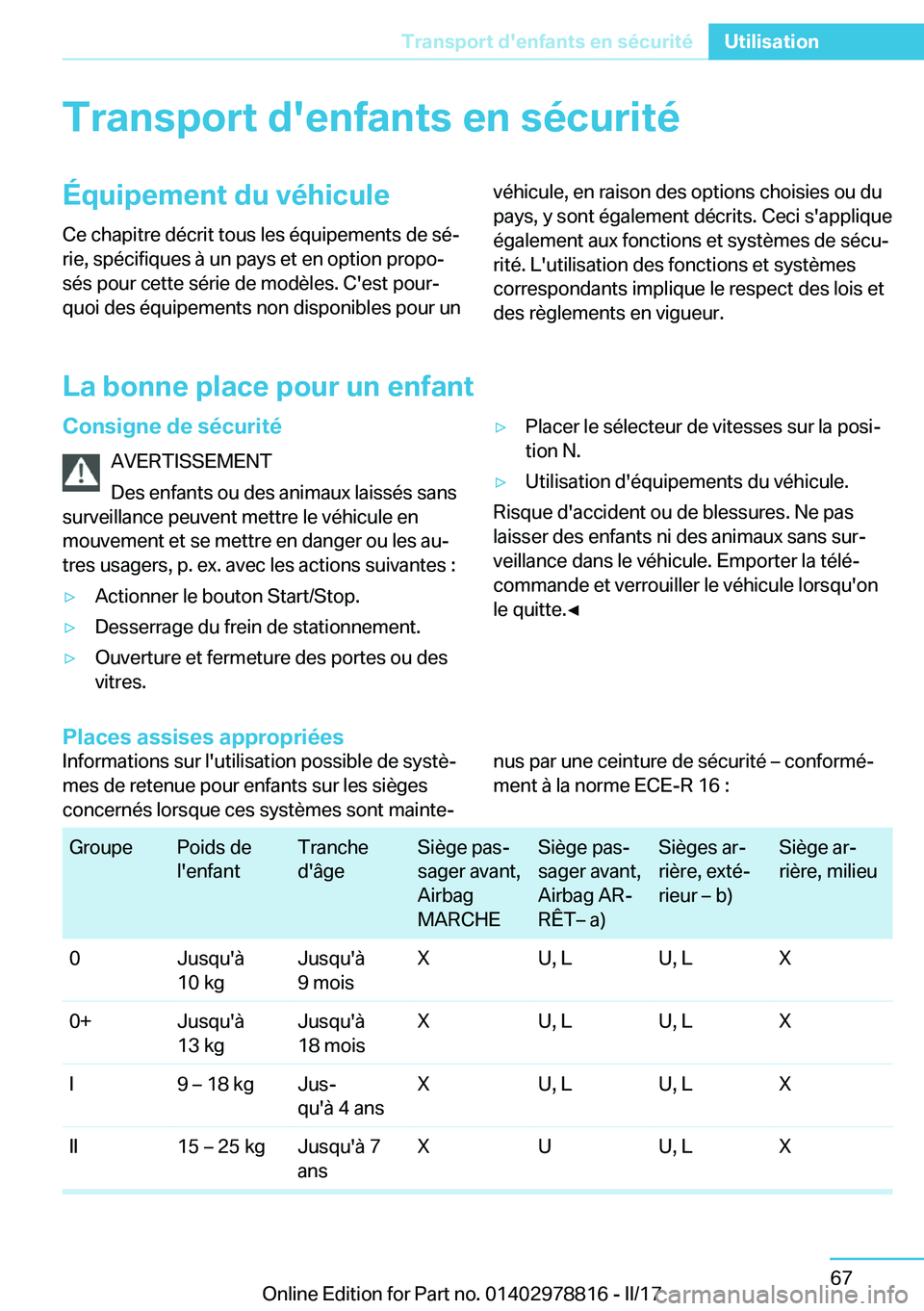 BMW I3 2017  Notices Demploi (in French) �T�r�a�n�s�p�o�r�t��d�'�e�n�f�a�n�t�s��e�n��s�é�c�u�r�i�t�é�