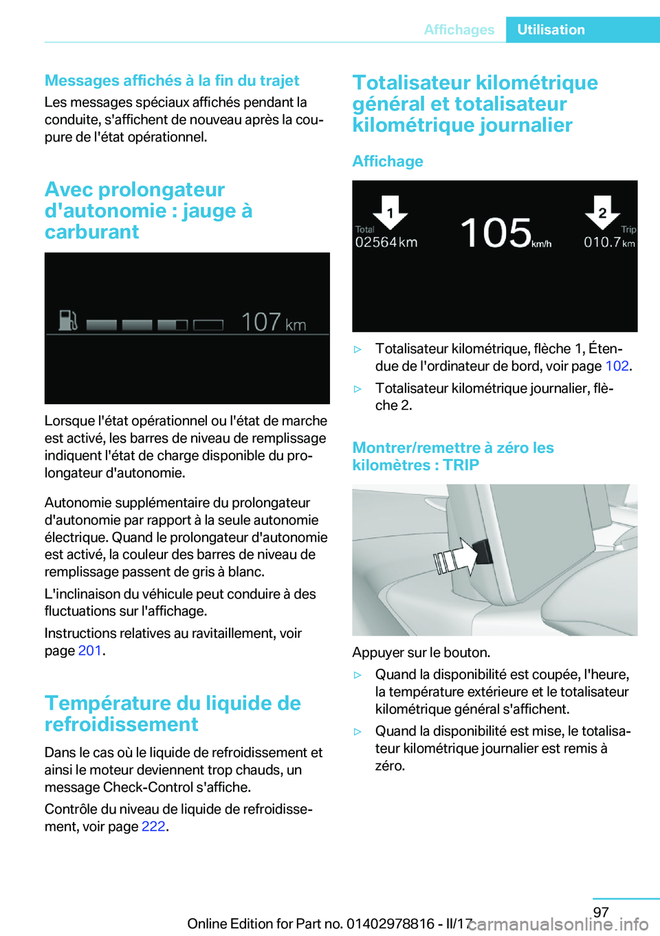 BMW I3 2017  Notices Demploi (in French) �M�e�s�s�a�g�e�s��a�f�f�i�c�h�é�s��