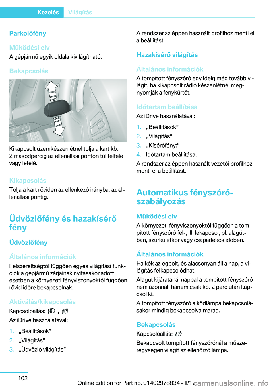 BMW I3 2017  Kezelési útmutató (in Hungarian) �P�a�r�k�o�l�