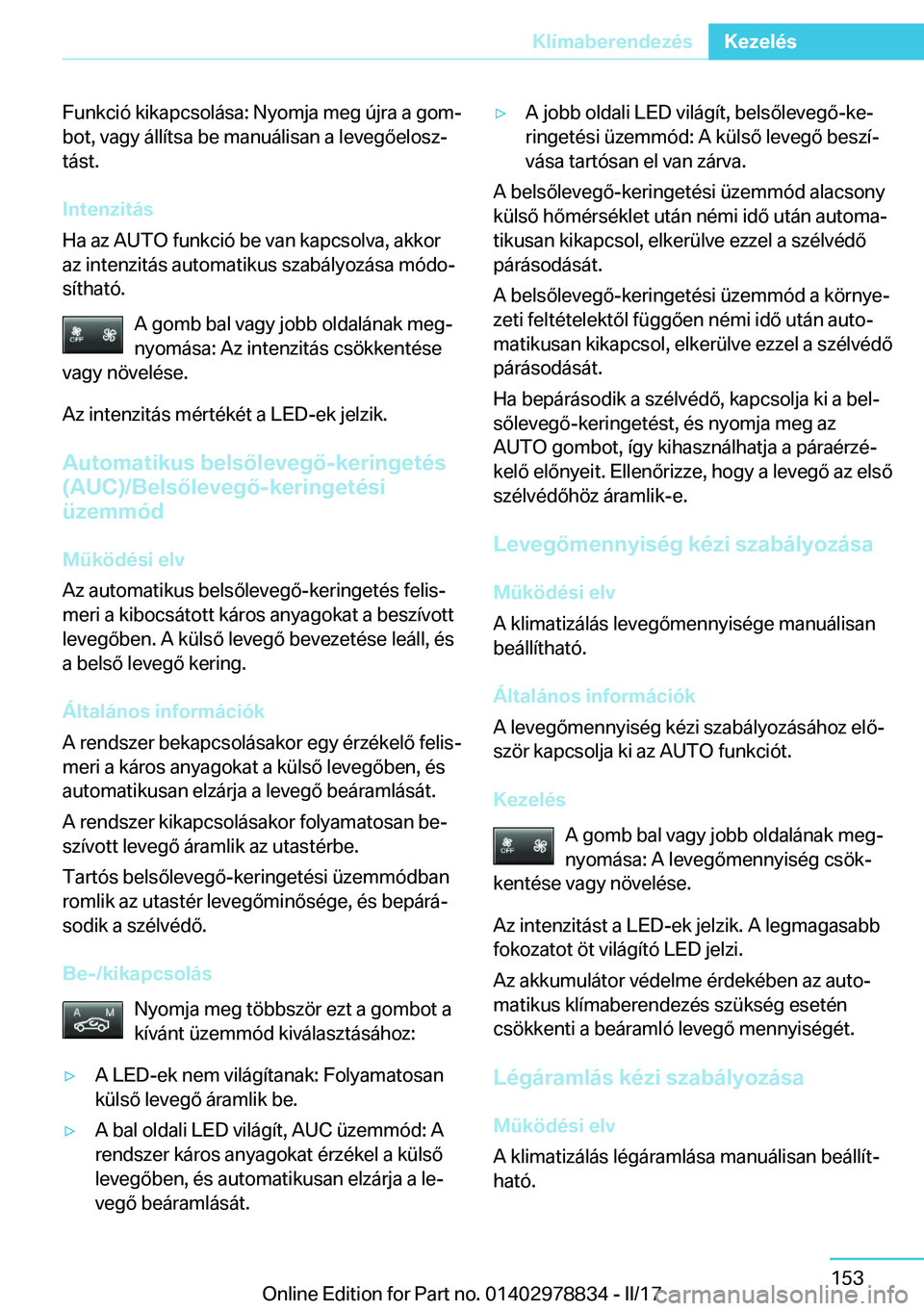 BMW I3 2017  Kezelési útmutató (in Hungarian) �F�u�n�k�c�i�