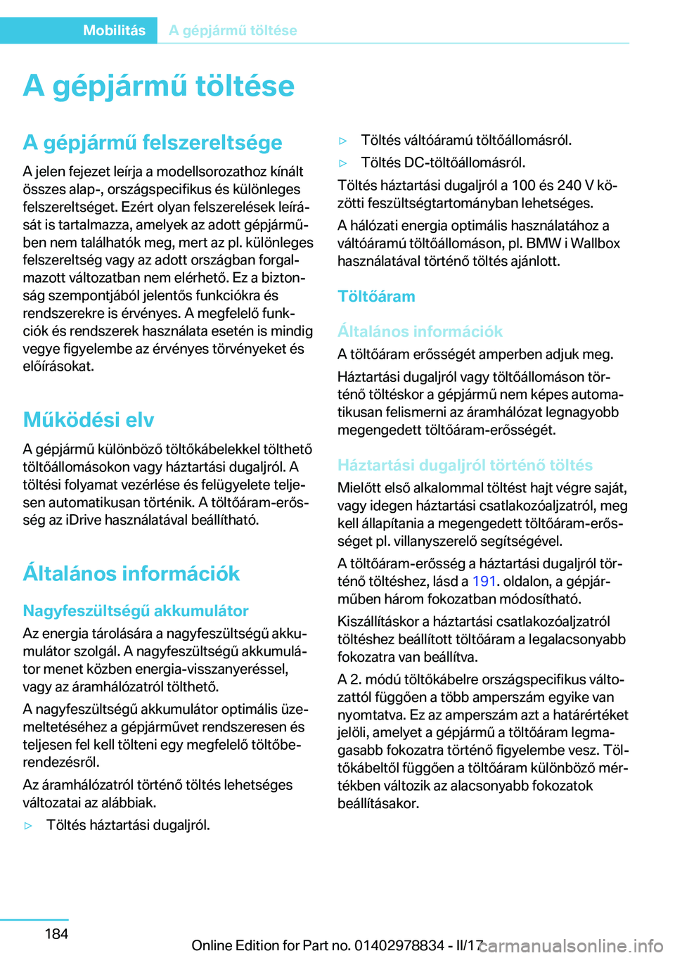 BMW I3 2017  Kezelési útmutató (in Hungarian) �A��g�