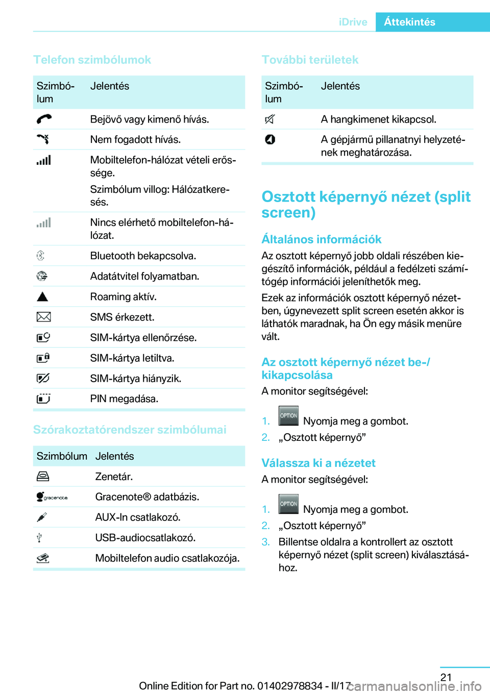 BMW I3 2017  Kezelési útmutató (in Hungarian) �T�e�l�e�f�o�n��s�z�i�m�b�