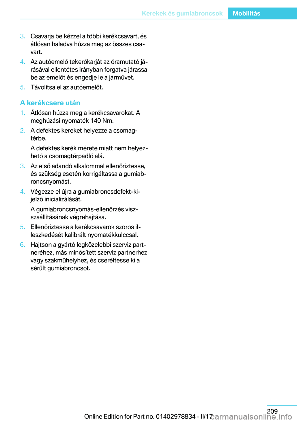 BMW I3 2017  Kezelési útmutató (in Hungarian) �3�.�C�s�a�v�a�r�j�a� �b�e� �k�