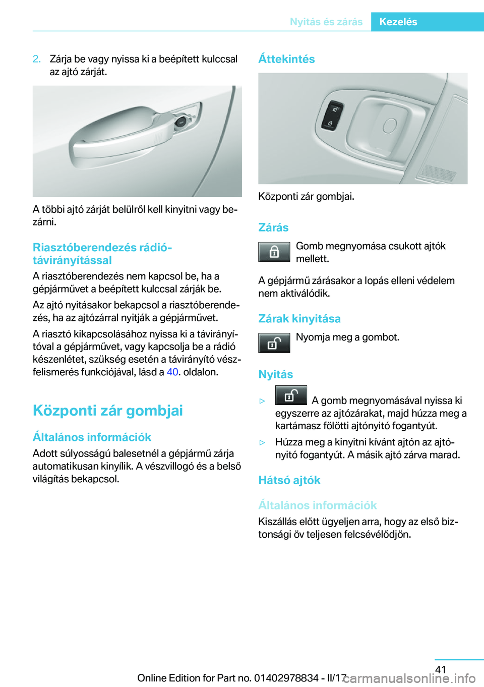 BMW I3 2017  Kezelési útmutató (in Hungarian) �2�.�Z�