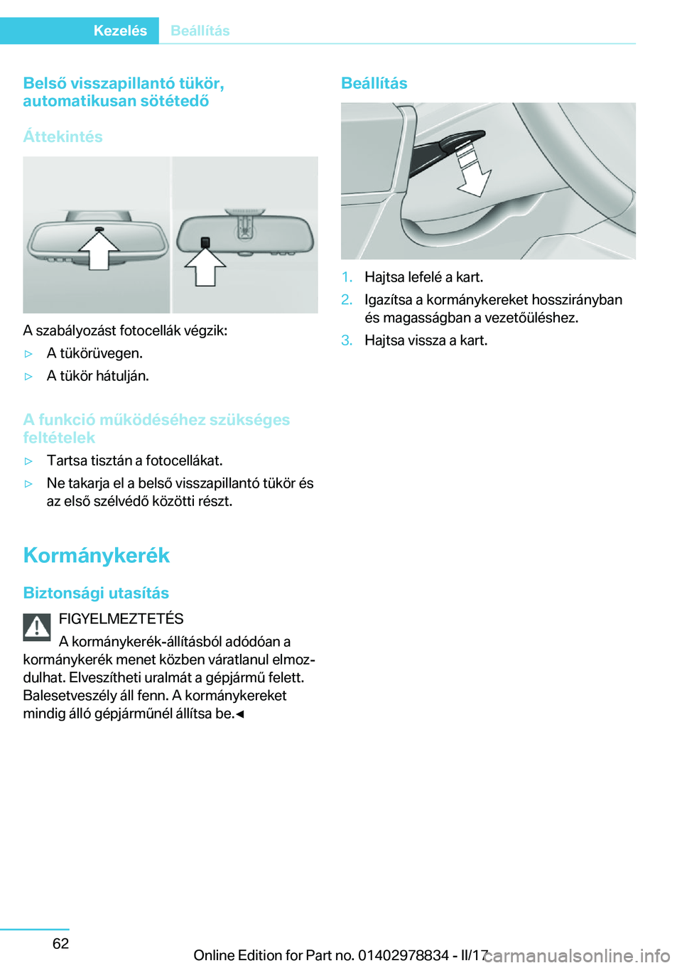 BMW I3 2017  Kezelési útmutató (in Hungarian) �B�e�l�s�