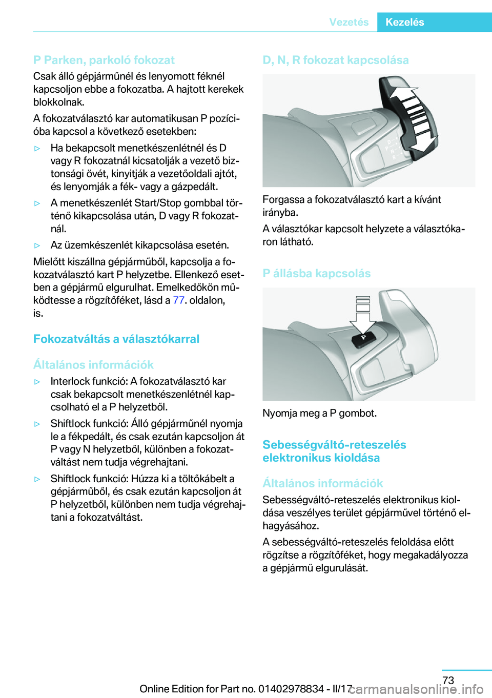 BMW I3 2017  Kezelési útmutató (in Hungarian) �P��P�a�r�k�e�n�,��p�a�r�k�o�l�