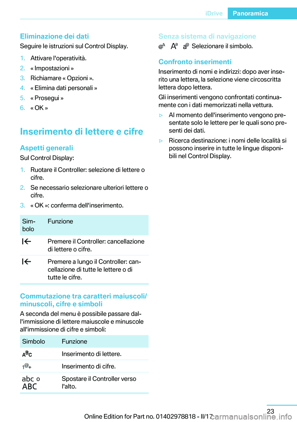 BMW I3 2017  Libretti Di Uso E manutenzione (in Italian) �E�l�i�m�i�n�a�z�i�o�n�e��d�e�i��d�a�t�i�S�e�g�u�i�r�e� �l�e� �i�s�t�r�u�z�i�o�n�i� �s�u�l� �C�o�n�t�r�o�l� �D�i�s�p�l�a�y�.�1�.�A�t�t�i�v�a�r�e� �l�'�o�p�e�r�a�t�i�v�i�t�