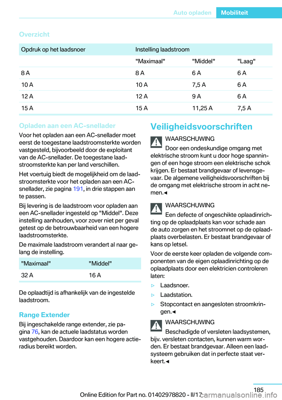BMW I3 2017  Instructieboekjes (in Dutch) �O�v�e�r�z�i�c�h�t� �O�p�d�r�u�k� �o�p� �h�e�t� �l�a�a�d�s�n�o�e�r�I�n�s�t�e�l�l�i�n�g� �l�a�a�d�s�t�r�o�o�m�"�M�a�x�i�m�a�a�l�"�"�M�i�d�d�e�l�"�"�L�a�a�g�"�8� �A�8� �A�6� �A�6