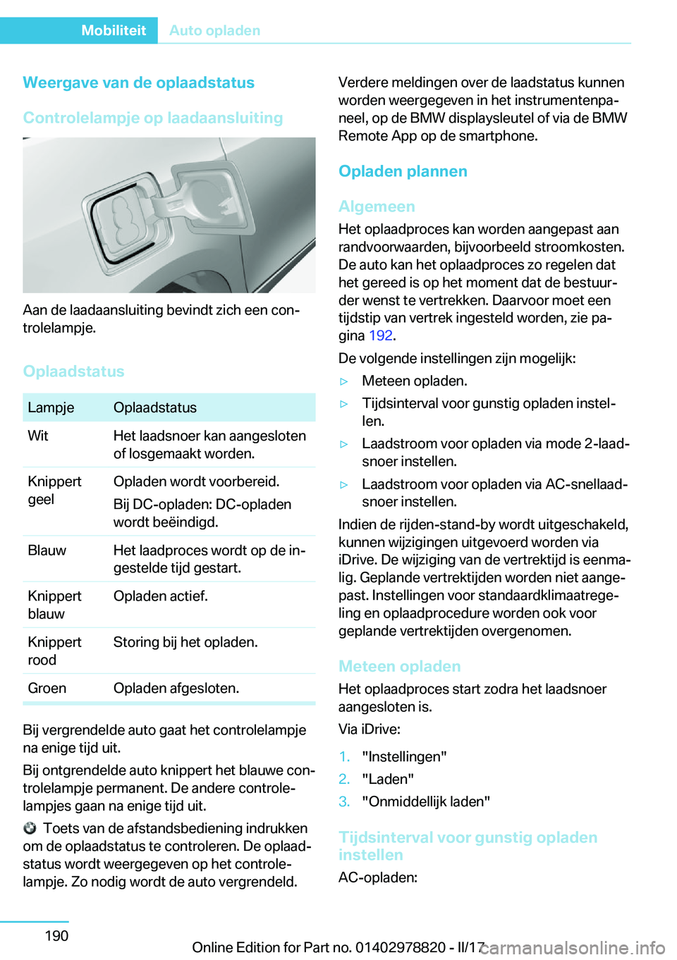 BMW I3 2017  Instructieboekjes (in Dutch) �W�e�e�r�g�a�v�e��v�a�n��d�e��o�p�l�a�a�d�s�t�a�t�u�s
�C�o�n�t�r�o�l�e�l�a�m�p�j�e��o�p��l�a�a�d�a�a�n�s�l�u�i�t�i�n�g
�A�a�n� �d�e� �l�a�a�d�a�a�n�s�l�u�i�t�i�n�g� �b�e�v�i�n�d�t� �z�i�c�h� �e�e