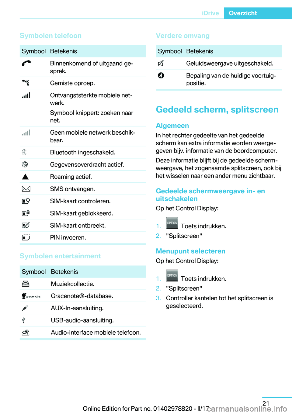 BMW I3 2017  Instructieboekjes (in Dutch) �S�y�m�b�o�l�e�n��t�e�l�e�f�o�o�n�S�y�m�b�o�o�l�B�e�t�e�k�e�n�i�s� �B�i�n�n�e�n�k�o�m�e�n�d� �o�f� �u�i�t�g�a�a�n�d� �g�ej
�s�p�r�e�k�.� �G�e�m�i�s�t�e� �o�p�r�o�e�p�.� �O�n�t�v�a�n�g�s�t�s�t�e�r�k�