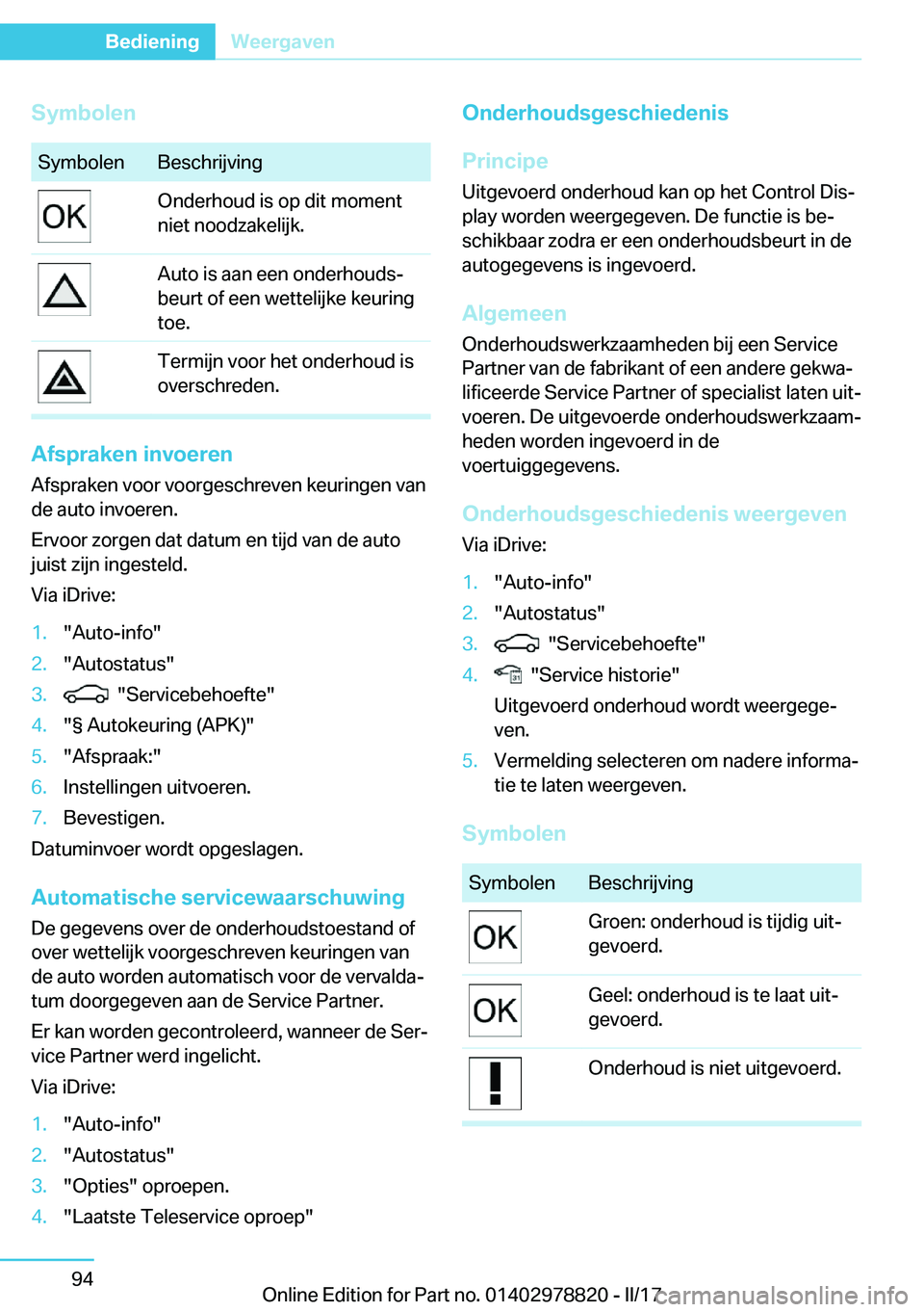 BMW I3 2017  Instructieboekjes (in Dutch) �S�y�m�b�o�l�e�n�S�y�m�b�o�l�e�n�B�e�s�c�h�r�i�j�v�i�n�g�O�n�d�e�r�h�o�u�d� �i�s� �o�p� �d�i�t� �m�o�m�e�n�t
�n�i�e�t� �n�o�o�d�z�a�k�e�l�i�j�k�.�A�u�t�o� �i�s� �a�a�n� �e�e�n� �o�n�d�e�r�h�o�u�d�sj
