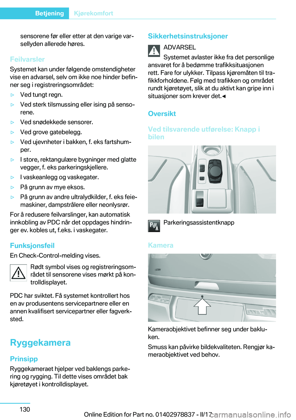 BMW I3 2017  InstruksjonsbØker (in Norwegian) �s�e�n�s�o�r�e�n�e� �f�