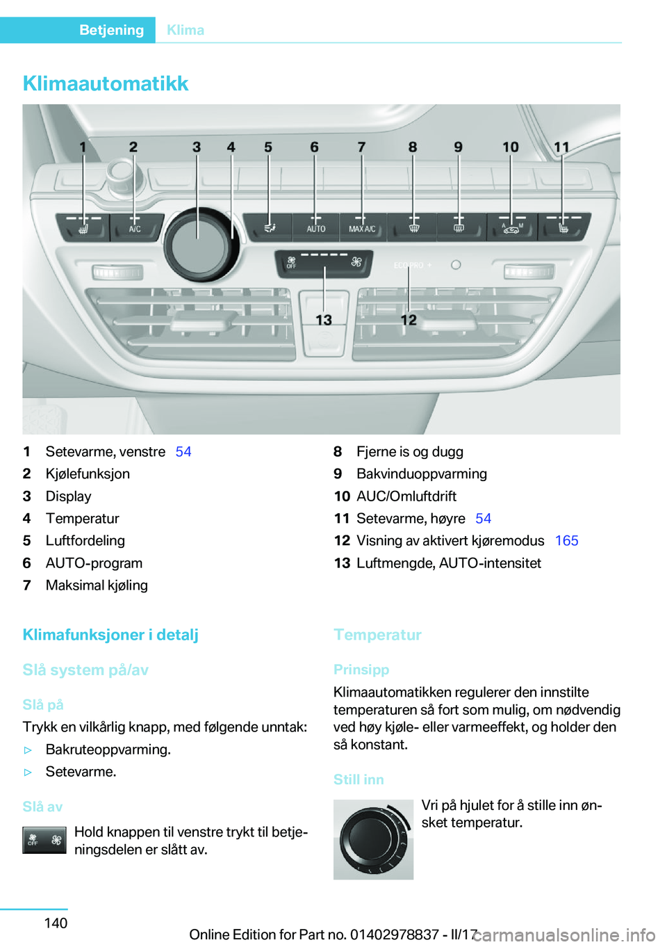 BMW I3 2017  InstruksjonsbØker (in Norwegian) �K�l�i�m�a�a�u�t�o�m�a�t�i�k�k�1�S�e�t�e�v�a�r�m�e�,� �v�e�n�s�t�r�e\_�5�4�2�K�j�