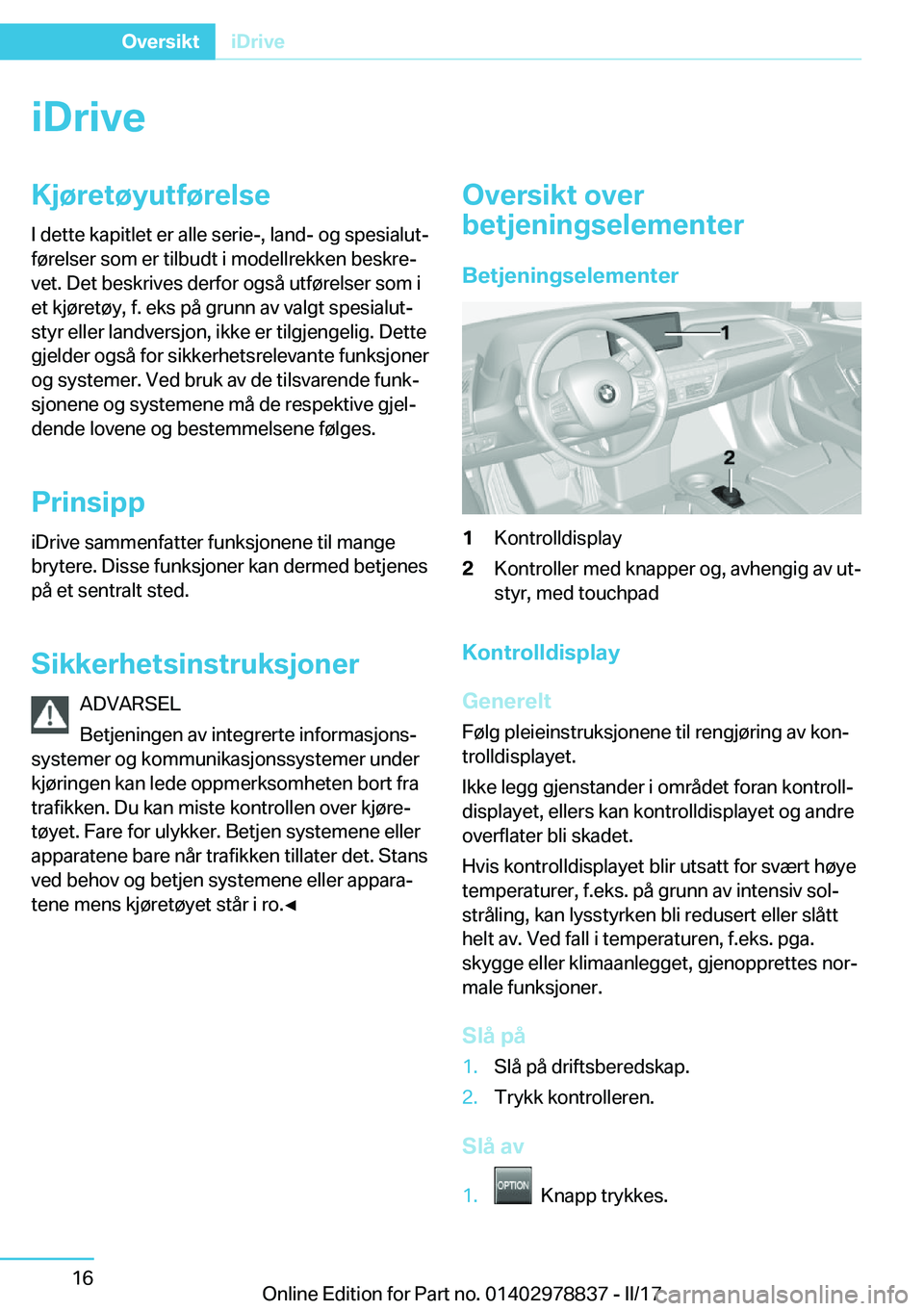 BMW I3 2017  InstruksjonsbØker (in Norwegian) �i�D�r�i�v�e�K�j�
