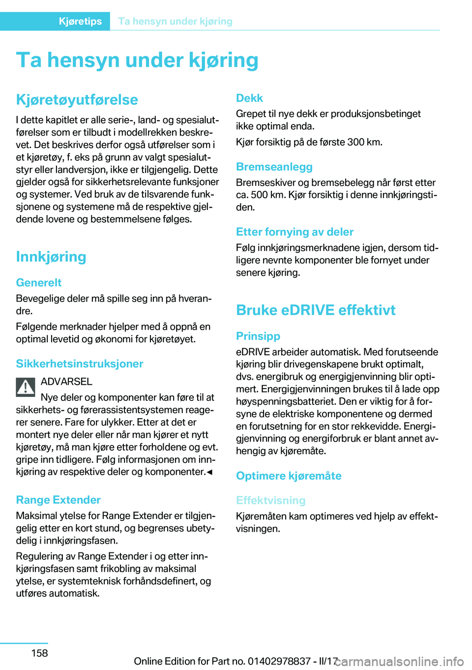 BMW I3 2017  InstruksjonsbØker (in Norwegian) �T�a��h�e�n�s�y�n��u�n�d�e�r��k�j�
