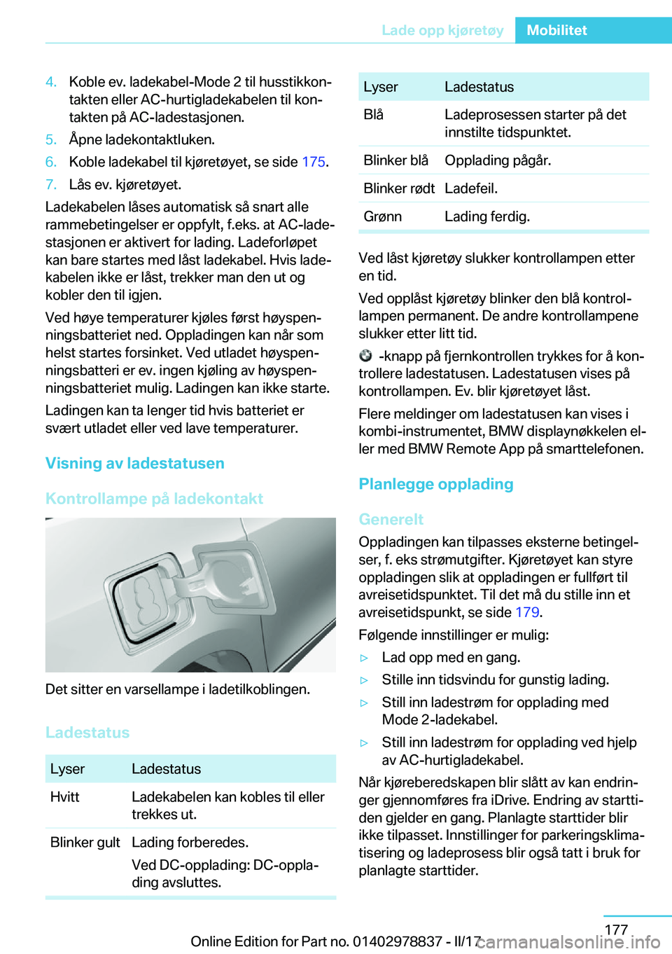 BMW I3 2017  InstruksjonsbØker (in Norwegian) �4�.�K�o�b�l�e� �e�v�.� �l�a�d�e�k�a�b�e�l�-�M�o�d�e� �2� �t�i�l� �h�u�s�s�t�i�k�k�o�nj
�t�a�k�t�e�n� �e�l�l�e�r� �A�C�-�h�u�r�t�i�g�l�a�d�e�k�a�b�e�l�e�n� �t�i�l� �k�o�nj
�t�a�k�t�e�n� �p�å� �A�C�