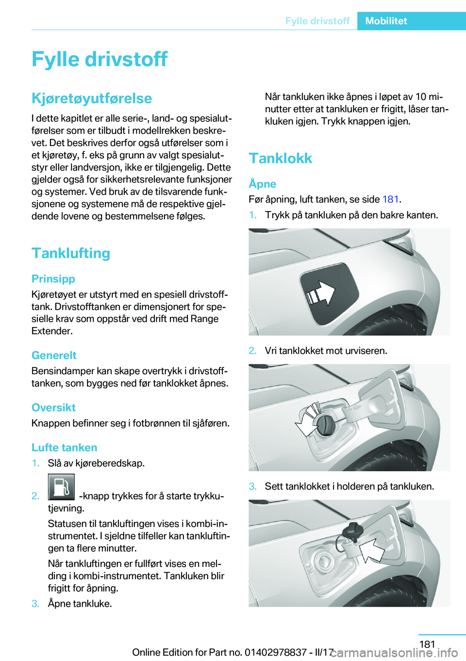 BMW I3 2017  InstruksjonsbØker (in Norwegian) �F�y�l�l�e��d�r�i�v�s�t�o�f�f�K�j�