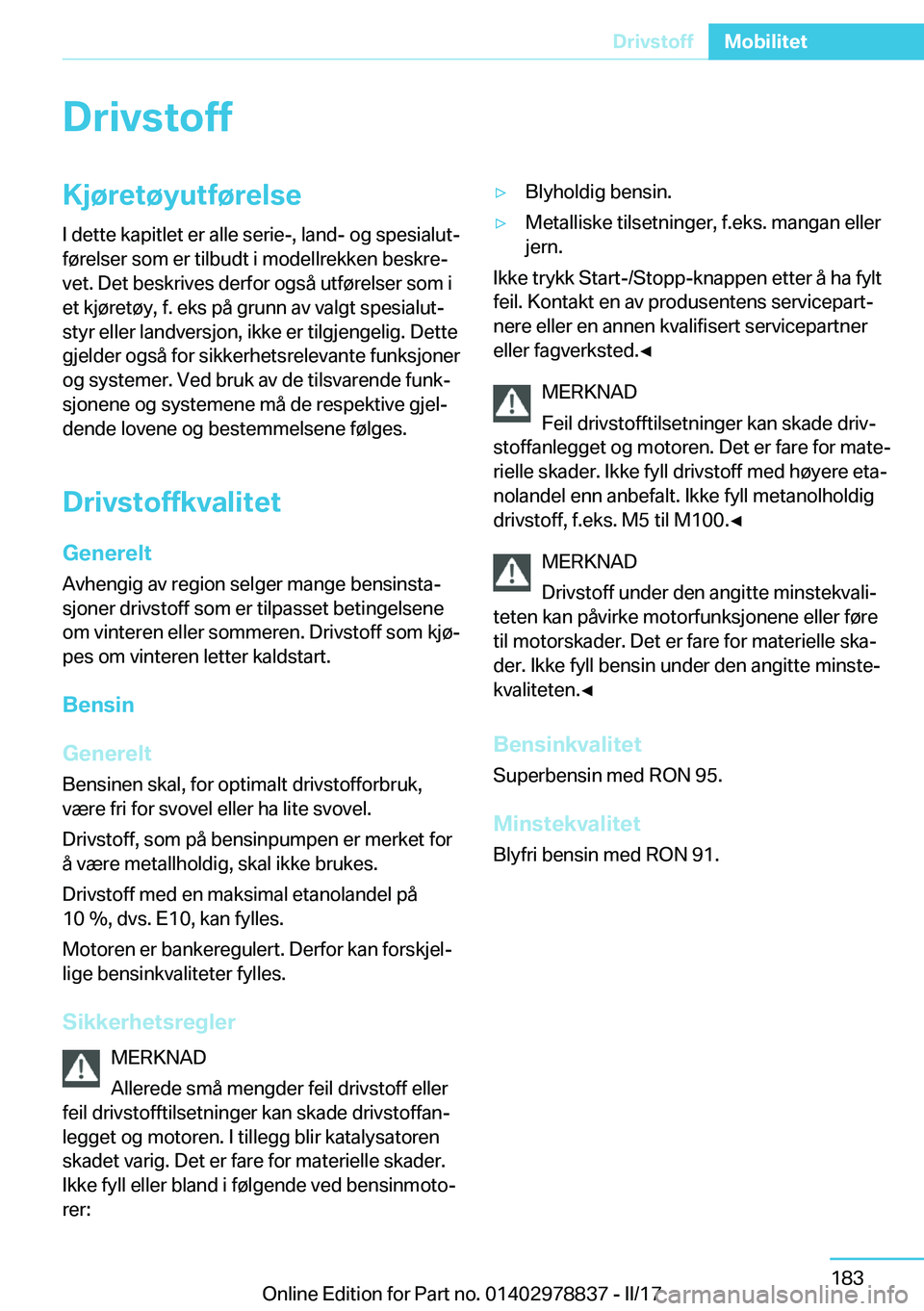 BMW I3 2017  InstruksjonsbØker (in Norwegian) �D�r�i�v�s�t�o�f�f�K�j�