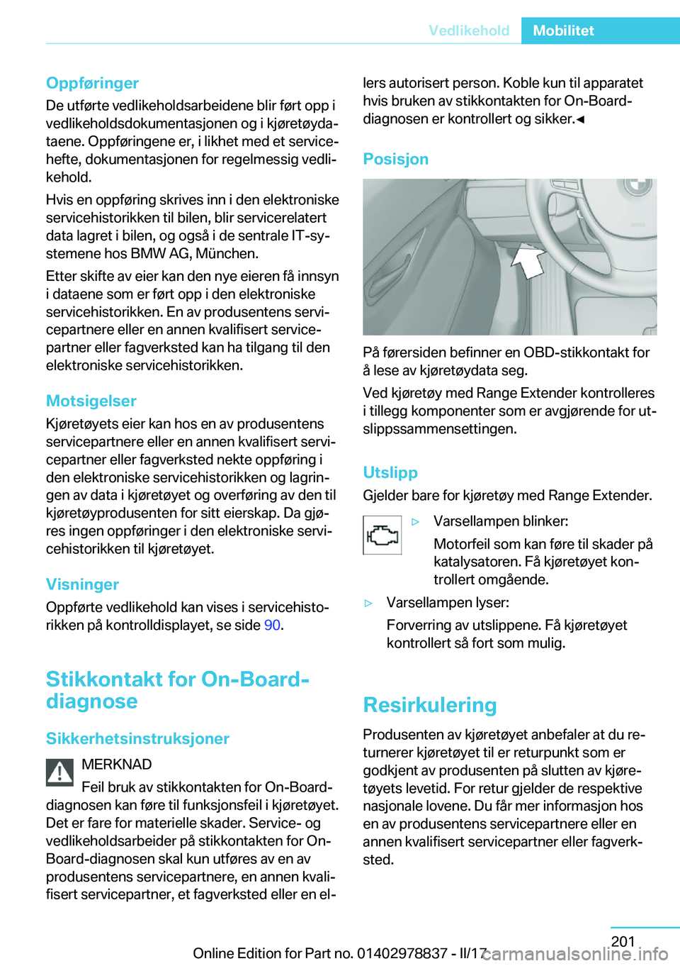 BMW I3 2017  InstruksjonsbØker (in Norwegian) �O�p�p�f�