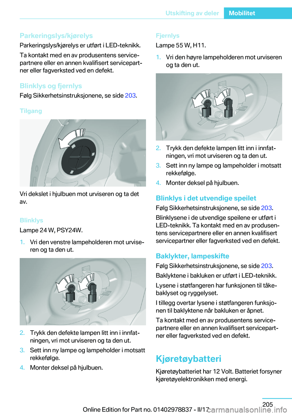 BMW I3 2017  InstruksjonsbØker (in Norwegian) �P�a�r�k�e�r�i�n�g�s�l�y�s�/�k�j�