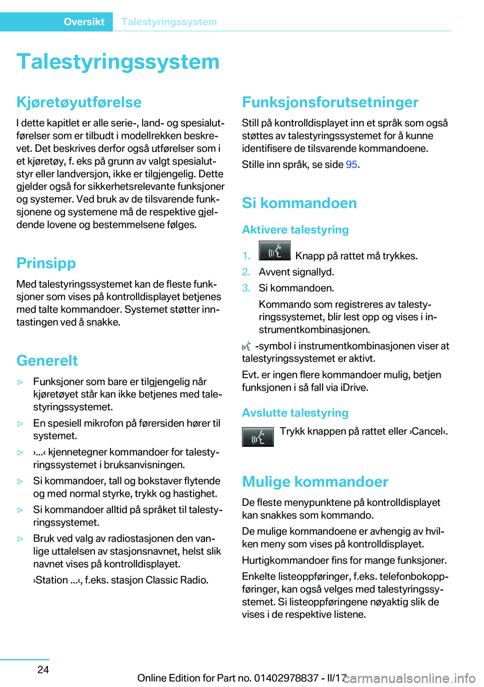 BMW I3 2017  InstruksjonsbØker (in Norwegian) �T�a�l�e�s�t�y�r�i�n�g�s�s�y�s�t�e�m�K�j�