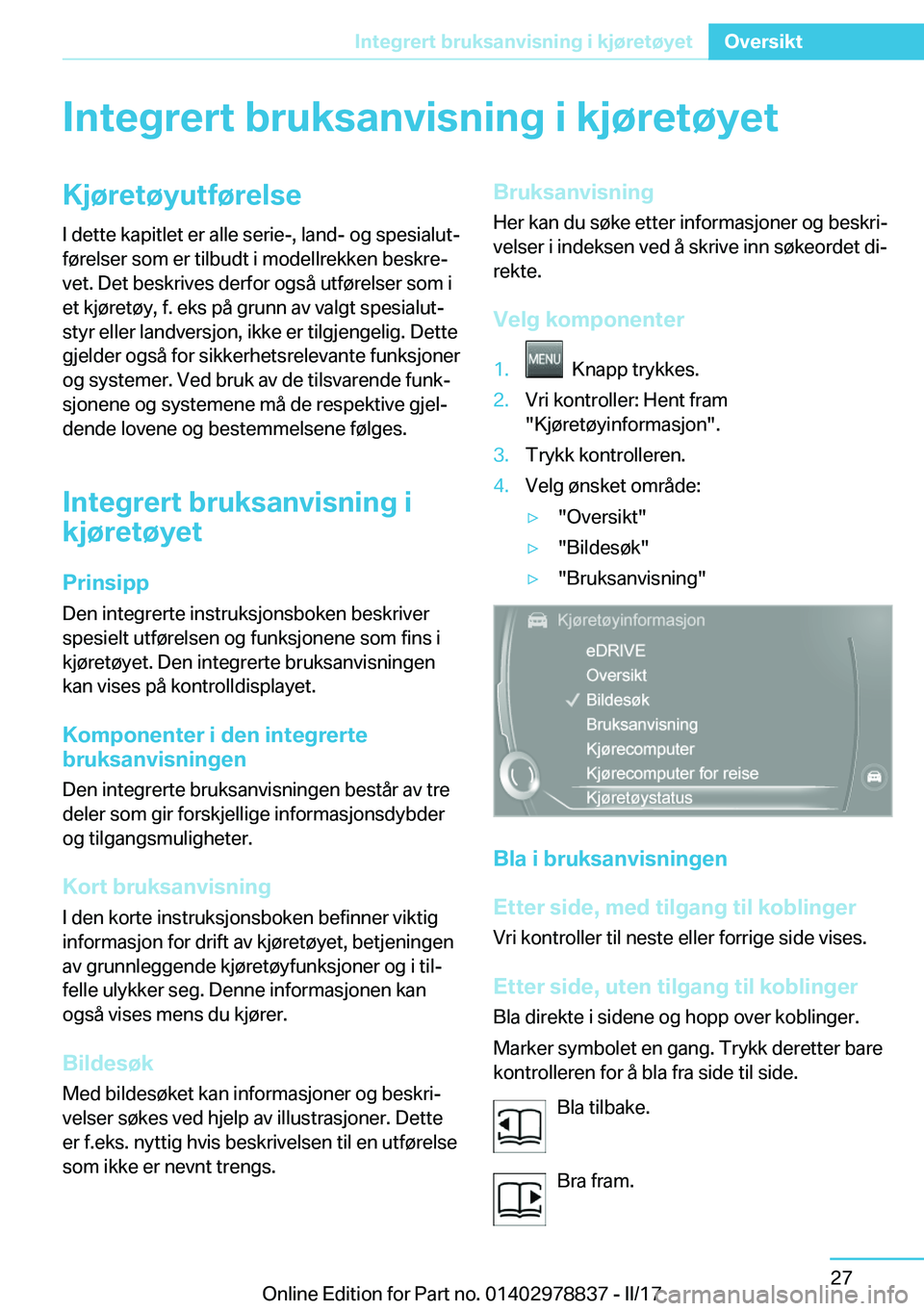 BMW I3 2017  InstruksjonsbØker (in Norwegian) �I�n�t�e�g�r�e�r�t��b�r�u�k�s�a�n�v�i�s�n�i�n�g��i��k�j�
