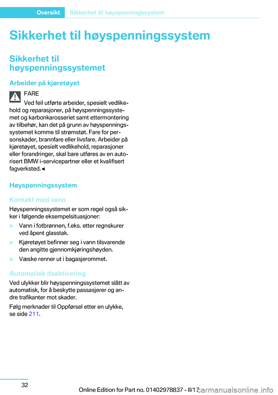 BMW I3 2017  InstruksjonsbØker (in Norwegian) �S�i�k�k�e�r�h�e�t��t�i�l��h�