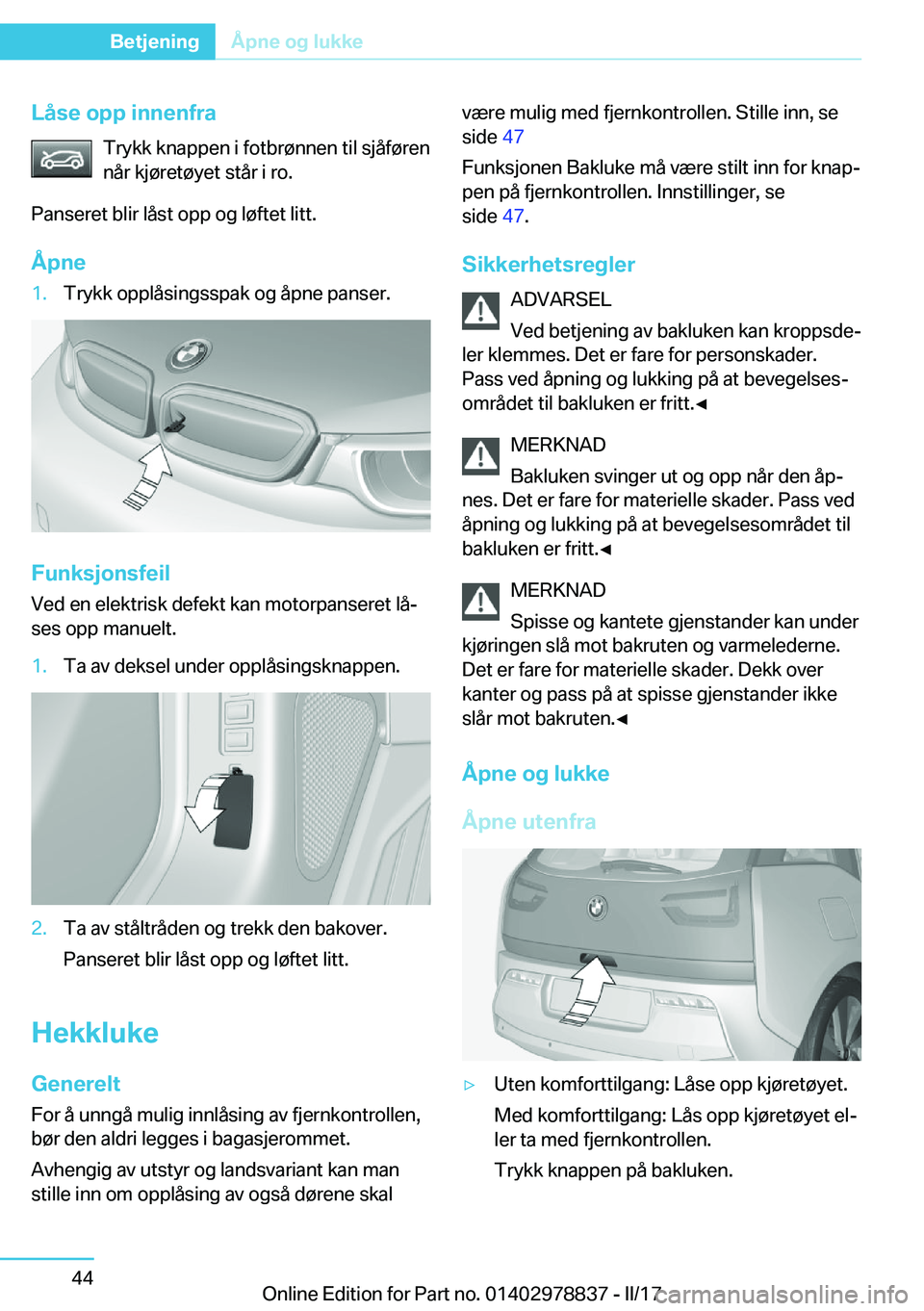 BMW I3 2017  InstruksjonsbØker (in Norwegian) �L�å�s�e��o�p�p��i�n�n�e�n�f�r�a�T�r�y�k�k� �k�n�a�p�p�e�n� �i� �f�o�t�b�r�