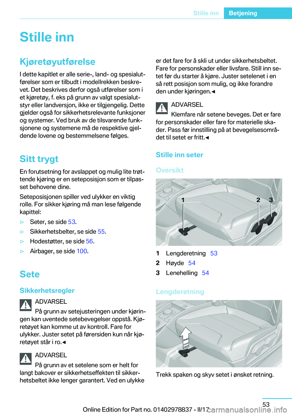 BMW I3 2017  InstruksjonsbØker (in Norwegian) �S�t�i�l�l�e��i�n�n�K�j�