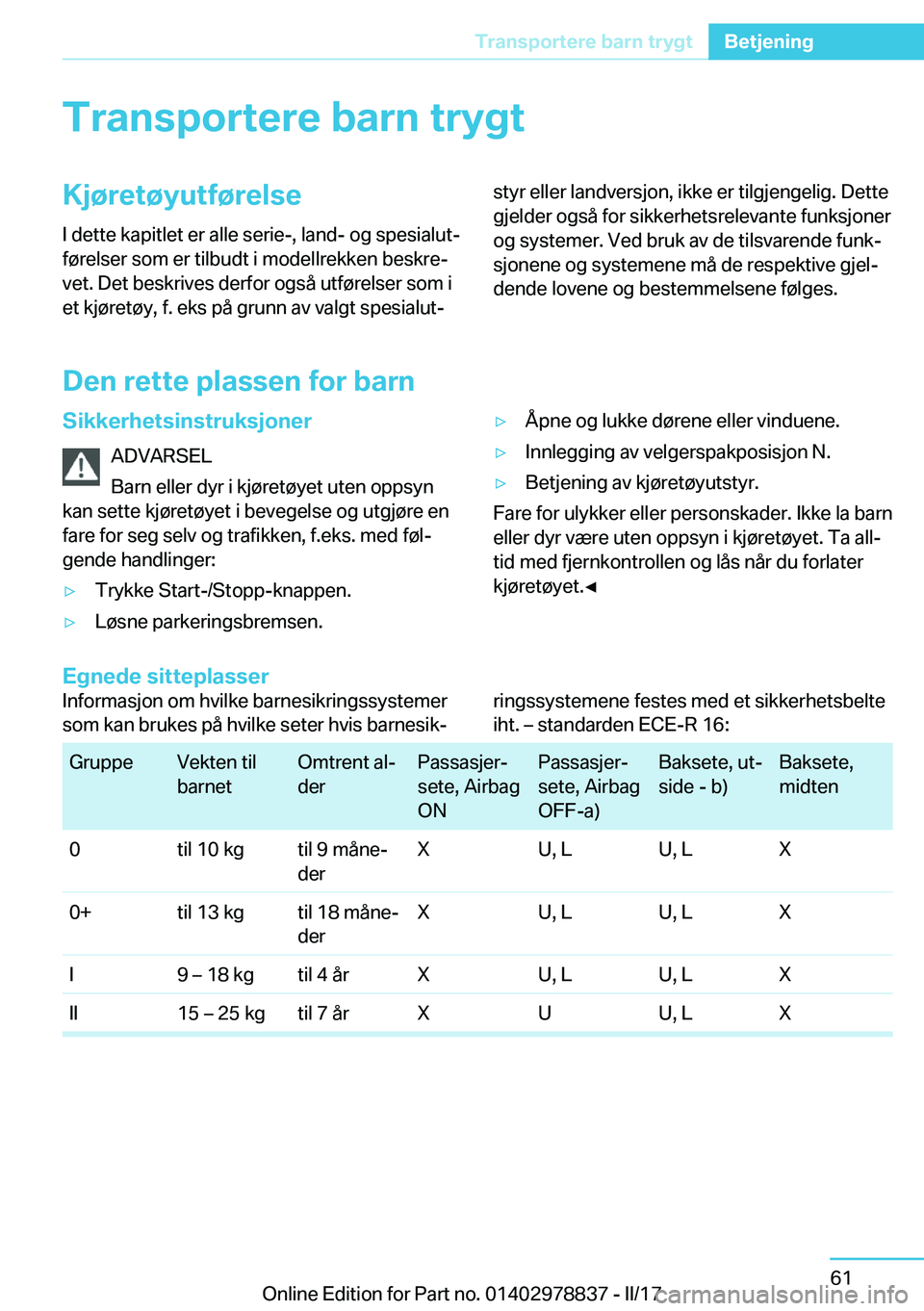 BMW I3 2017  InstruksjonsbØker (in Norwegian) �T�r�a�n�s�p�o�r�t�e�r�e��b�a�r�n��t�r�y�g�t�K�j�