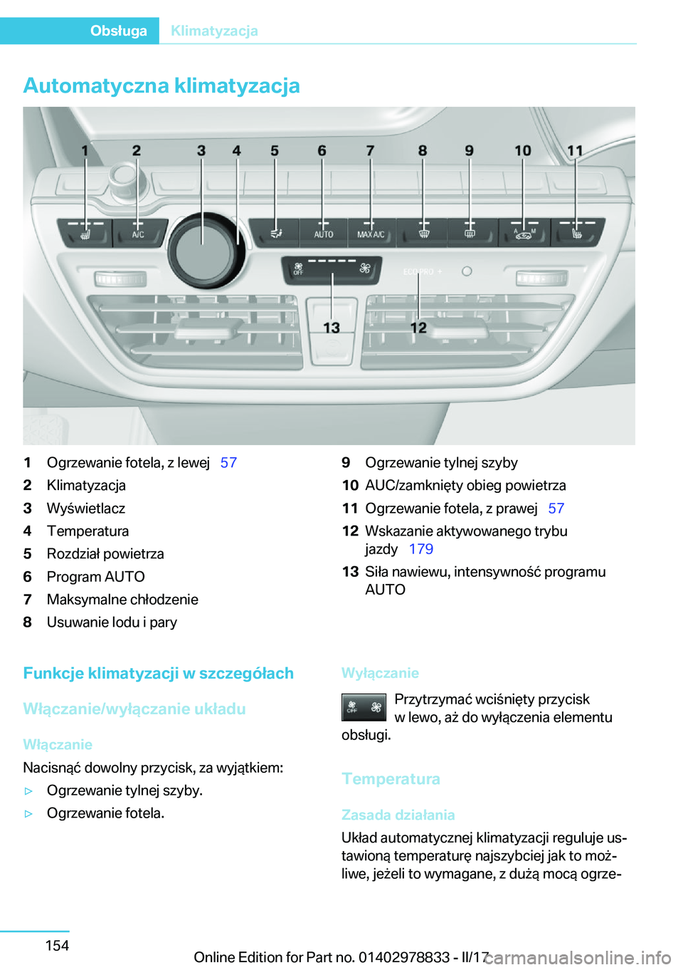 BMW I3 2017  Instrukcja obsługi (in Polish) �A�u�t�o�m�a�t�y�c�z�n�a��k�l�i�m�a�t�y�z�a�c�j�a�1�O�g�r�z�e�w�a�n�i�e� �f�o�t�e�l�a�,� �z� �l�e�w�e�j\_�5�7�2�K�l�i�m�a�t�y�z�a�c�j�a�3�W�y �w�i�e�t�l�a�c�z�4�T�e�m�p�e�r�a�t�u�r�a�5�R�o�z�d�z�i