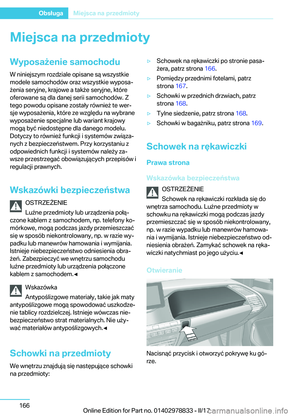 BMW I3 2017  Instrukcja obsługi (in Polish) �M�i�e�j�s�c�a��n�a��p�r�z�e�d�m�i�o�t�y�W�y�p�o�s�a9�e�n�i�e��s�a�m�o�c�h�o�d�u�W� �n�i�n�i�e�j�s�z�y�m� �r�o�z�d�z�i�a�l�e� �o�p�i�s�a�n�e� �s�