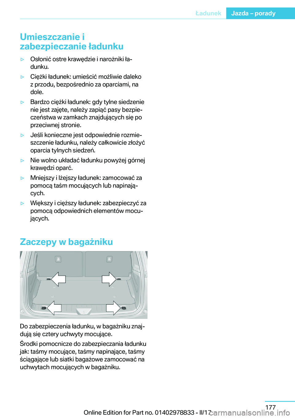 BMW I3 2017  Instrukcja obsługi (in Polish) �U�m�i�e�s�z�c�z�a�n�i�e��i
�z�a�b�e�z�p�i�e�c�z�a�n�i�e��ł�a�d�u�n�k�u'y�O�s�ł�o�n�i�