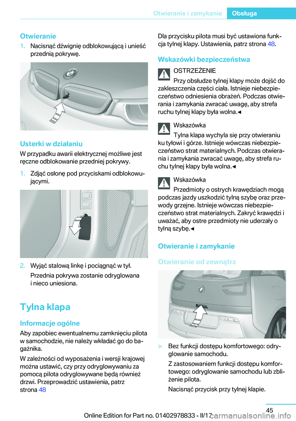 BMW I3 2017  Instrukcja obsługi (in Polish) �O�t�w�i�e�r�a�n�i�e�1�.�N�a�c�i�s�n�