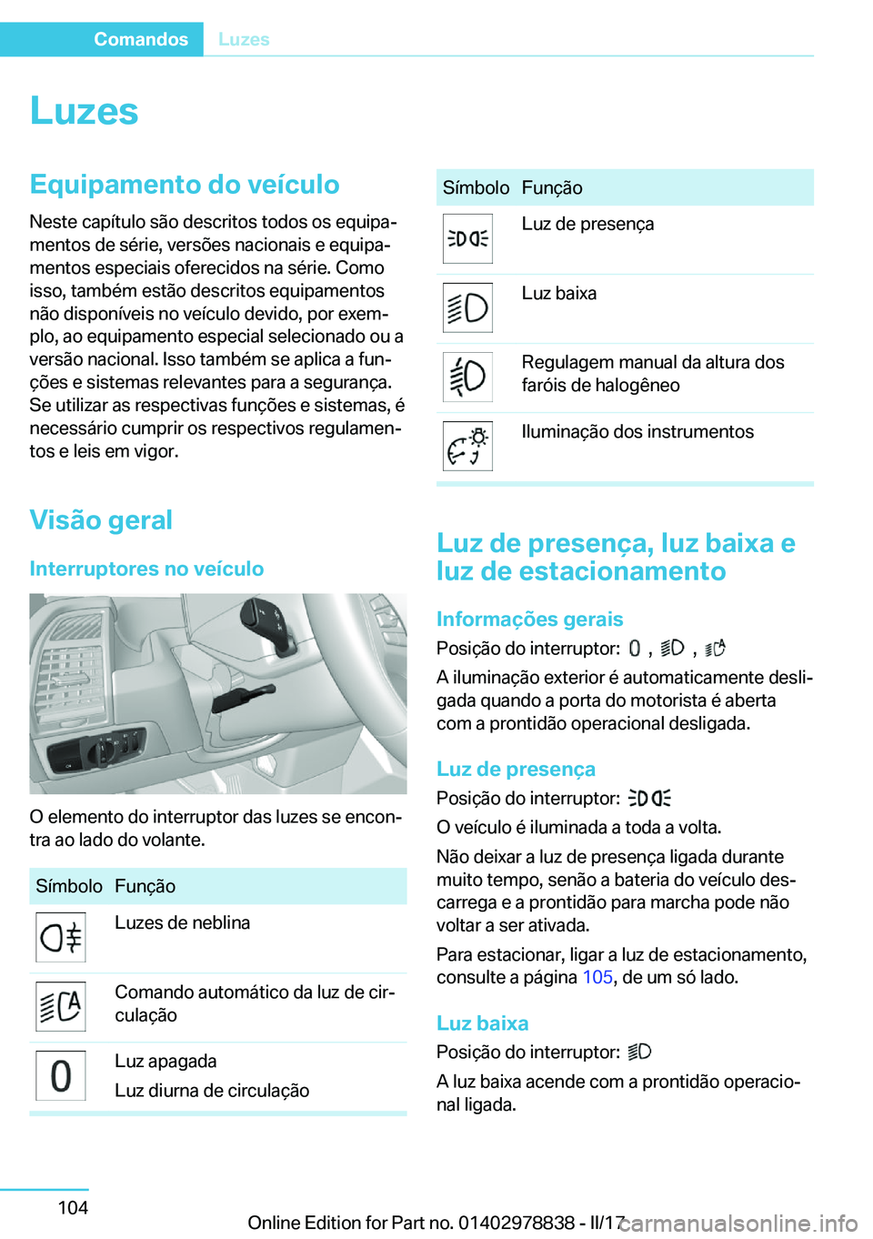 BMW I3 2017  Manual do condutor (in Portuguese) �L�u�z�e�s�E�q�u�i�p�a�m�e�n�t�o��d�o��v�e�