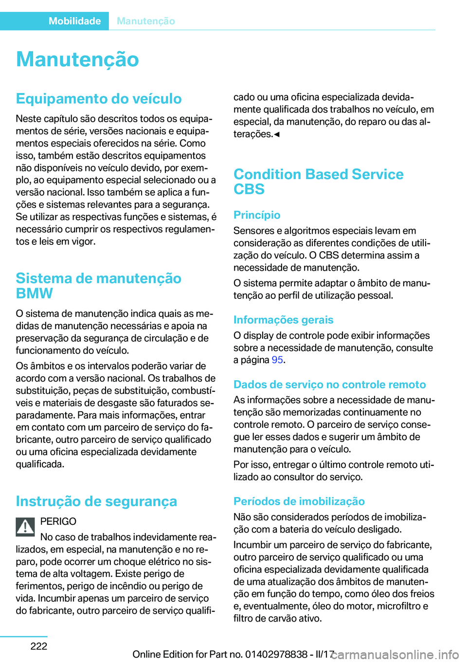 BMW I3 2017  Manual do condutor (in Portuguese) �M�a�n�u�t�e�n�