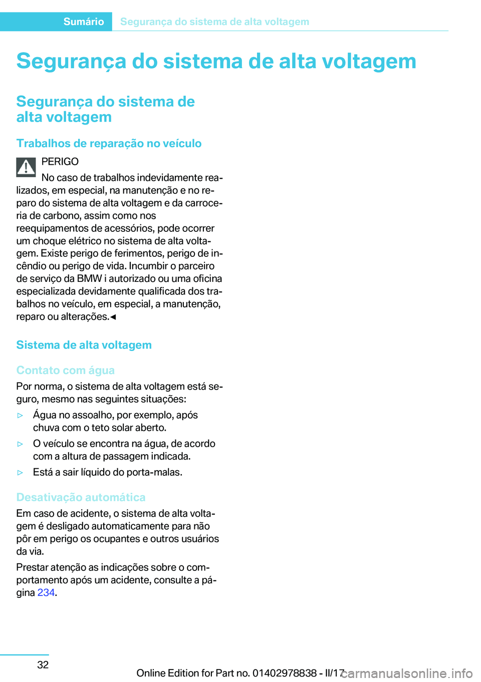 BMW I3 2017  Manual do condutor (in Portuguese) �S�e�g�u�r�a�n�