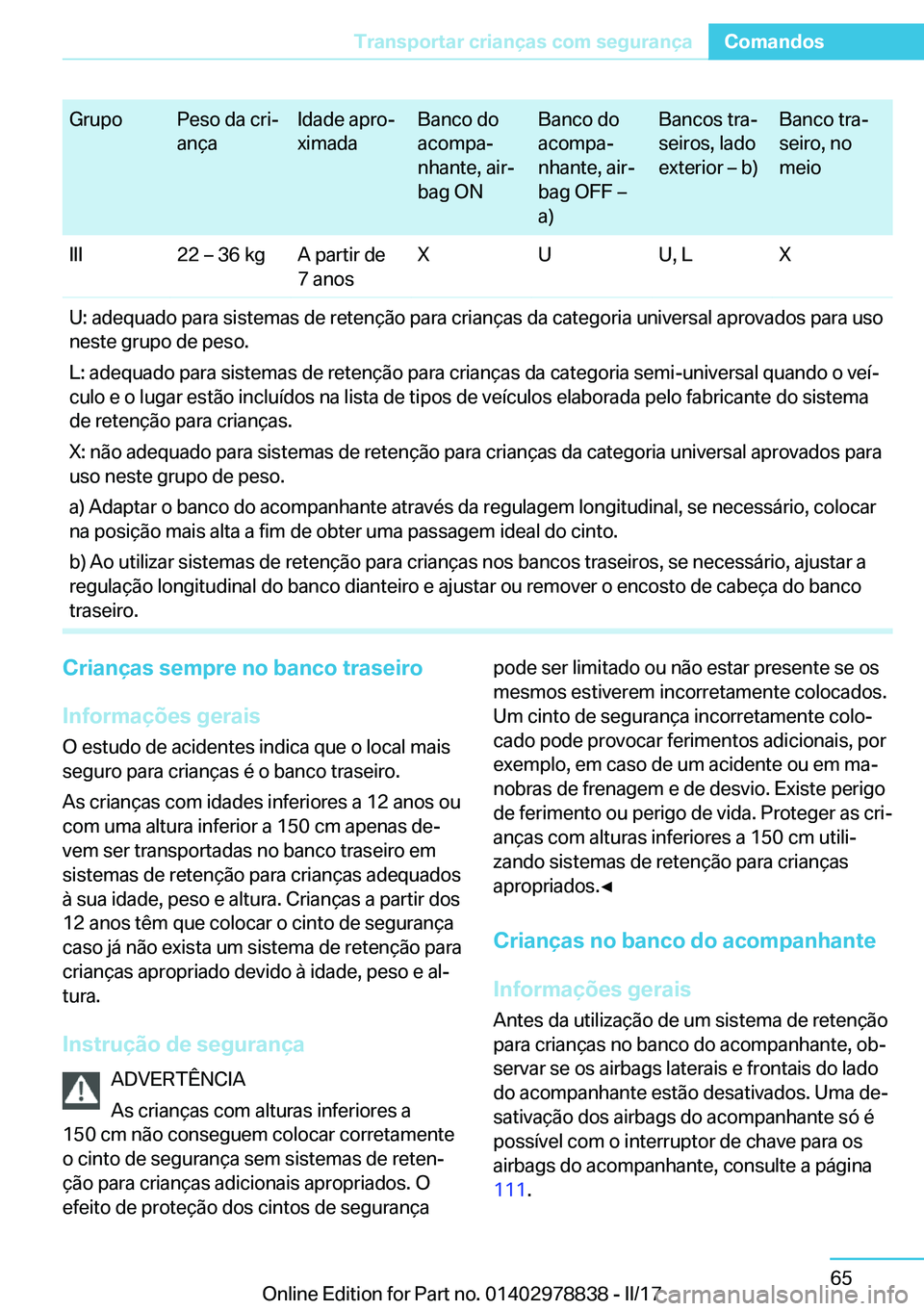 BMW I3 2017  Manual do condutor (in Portuguese)  G r u p o P e s o   d a   c r iª
 a n 