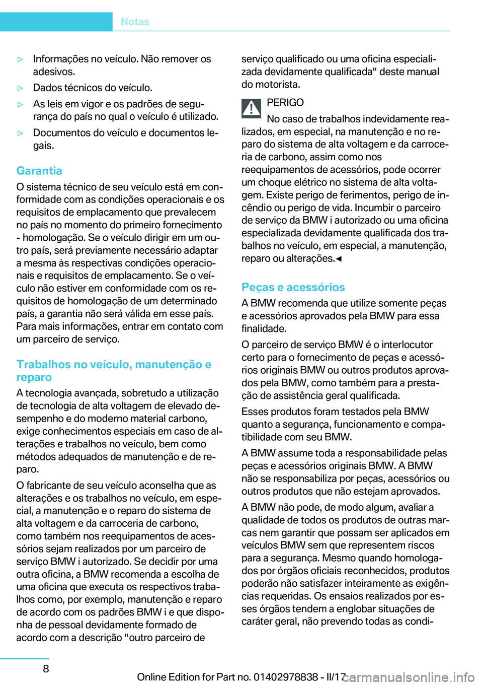 BMW I3 2017  Manual do condutor (in Portuguese) y�I�n�f�o�r�m�a�