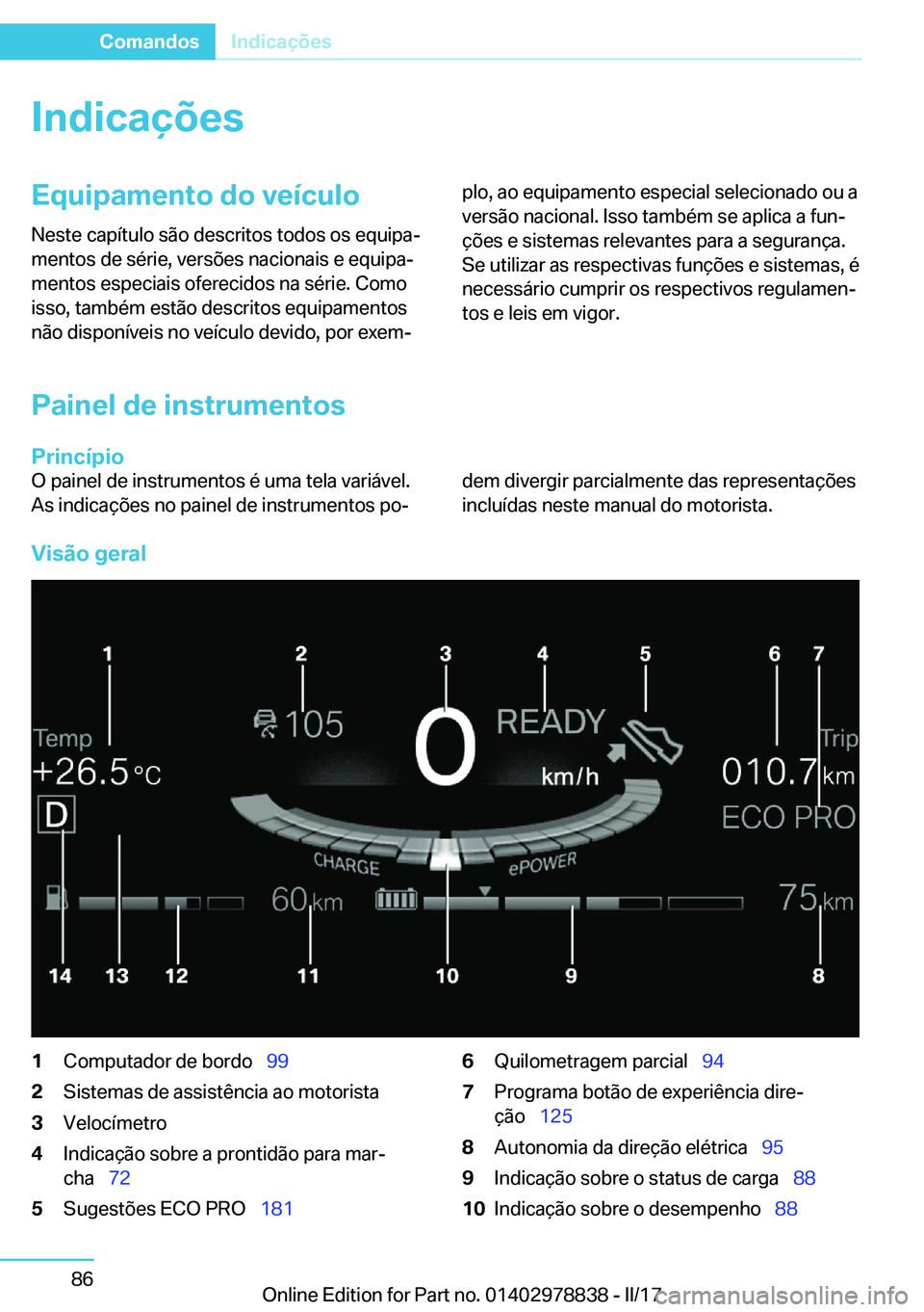 BMW I3 2017  Manual do condutor (in Portuguese)  I n d i c a 