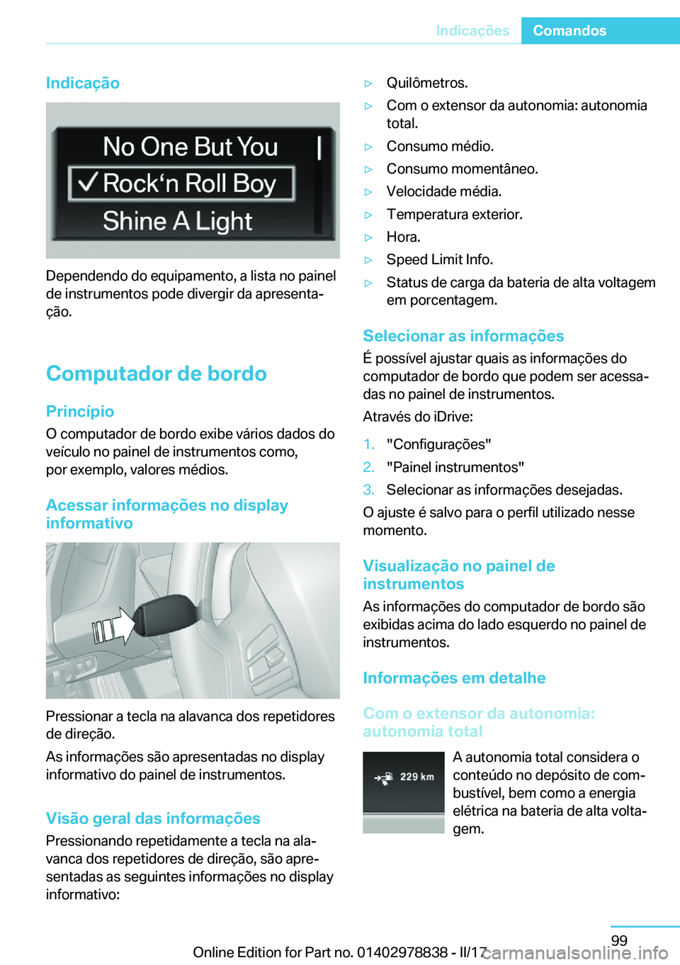 BMW I3 2017  Manual do condutor (in Portuguese) �I�n�d�i�c�a�