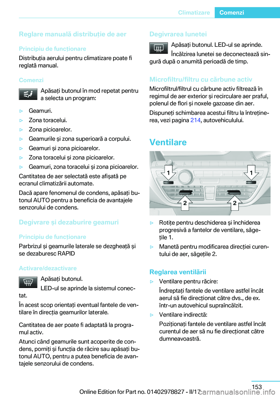 BMW I3 2017  Ghiduri De Utilizare (in Romanian) �R�e�g�l�a�r�e��m�a�n�u�a�l�