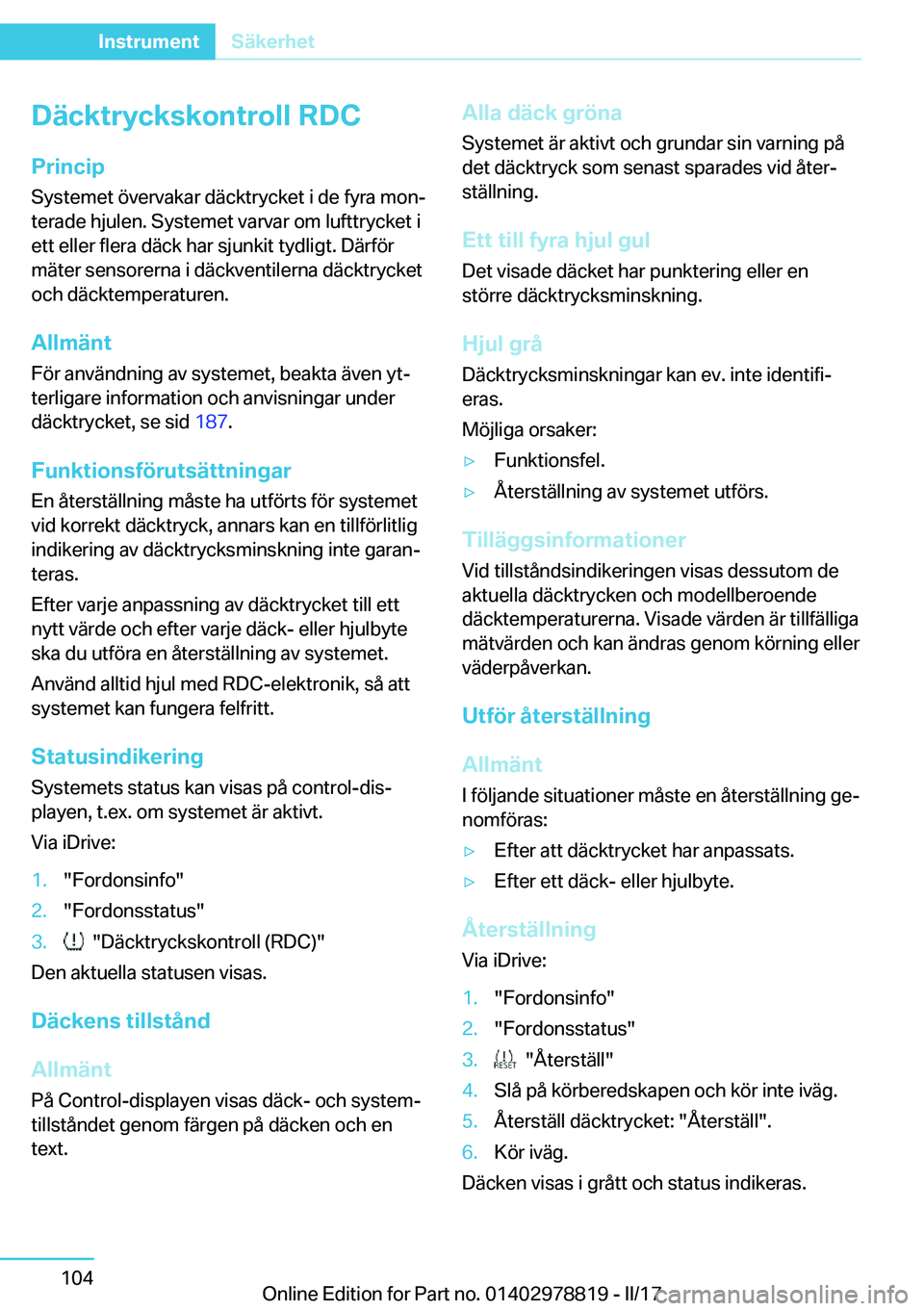 BMW I3 2017  InstruktionsbÖcker (in Swedish) �D�ä�c�k�t�r�y�c�k�s�k�o�n�t�r�o�l�l��R�D�C�P�r�i�n�c�i�p
�S�y�s�t�e�m�e�t� �