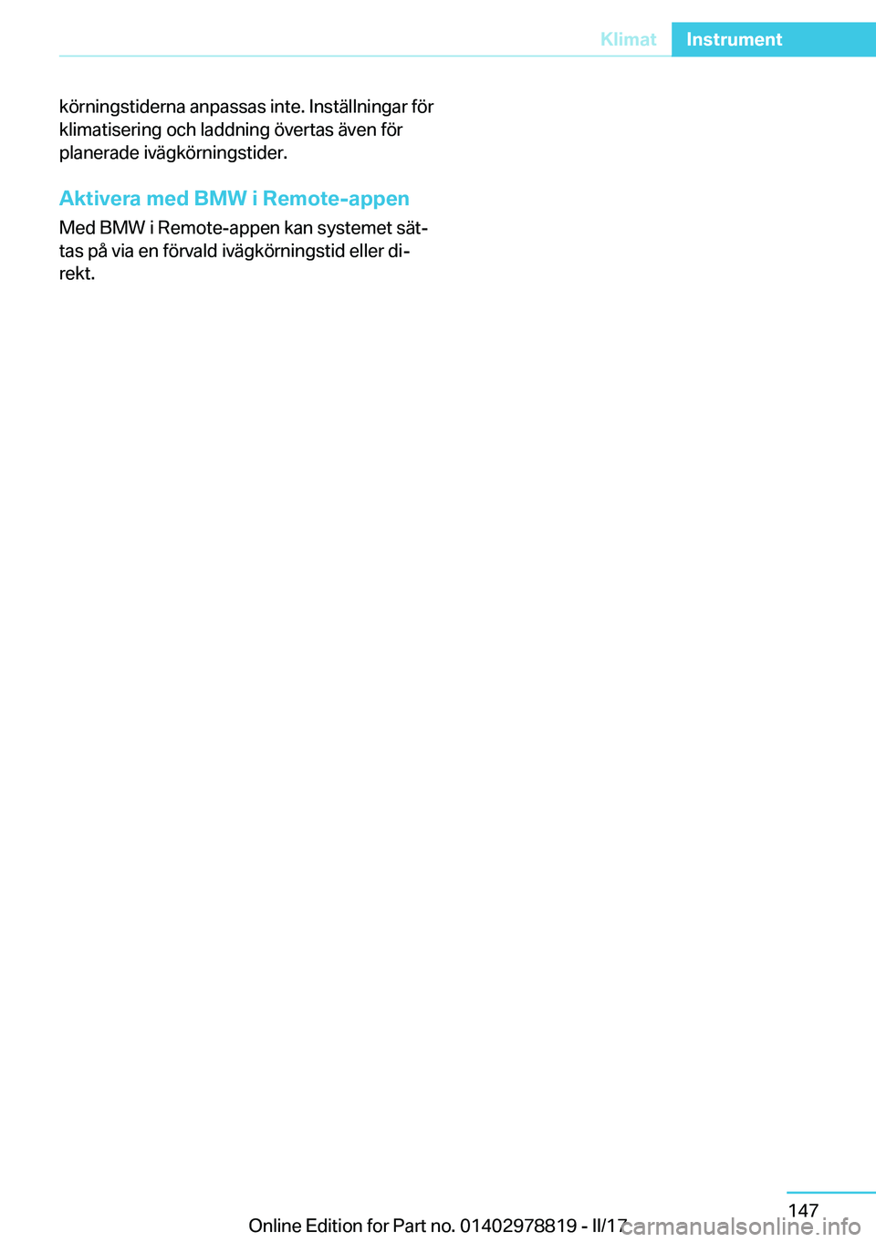 BMW I3 2017  InstruktionsbÖcker (in Swedish) �k�