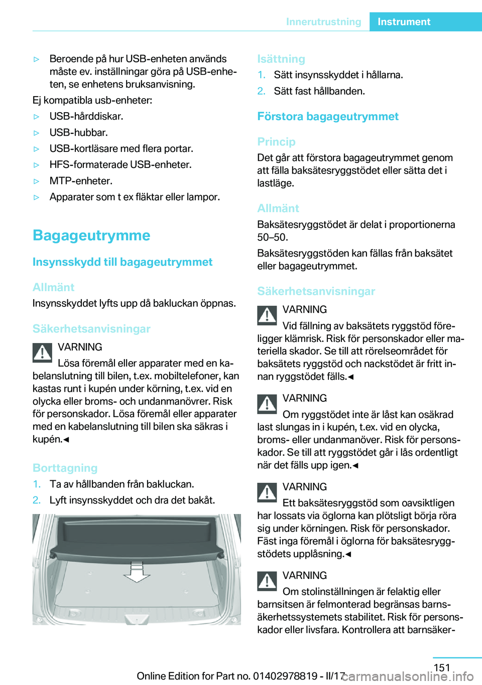 BMW I3 2017  InstruktionsbÖcker (in Swedish) 'y�B�e�r�o�e�n�d�e� �p�å� �h�u�r� �U�S�B�-�e�n�h�e�t�e�n� �a�n�v�ä�n�d�s�m�å�s�t�e� �e�v�.� �i�n�s�t�ä�l�l�n�i�n�g�a�r� �g�