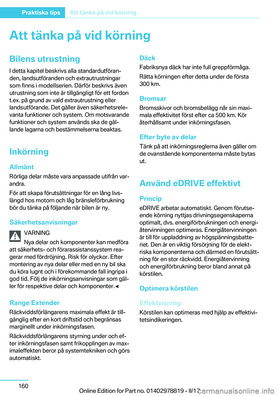 BMW I3 2017  InstruktionsbÖcker (in Swedish) �A�t�t��t�ä�n�k�a��p�å��v�i�d��k�
